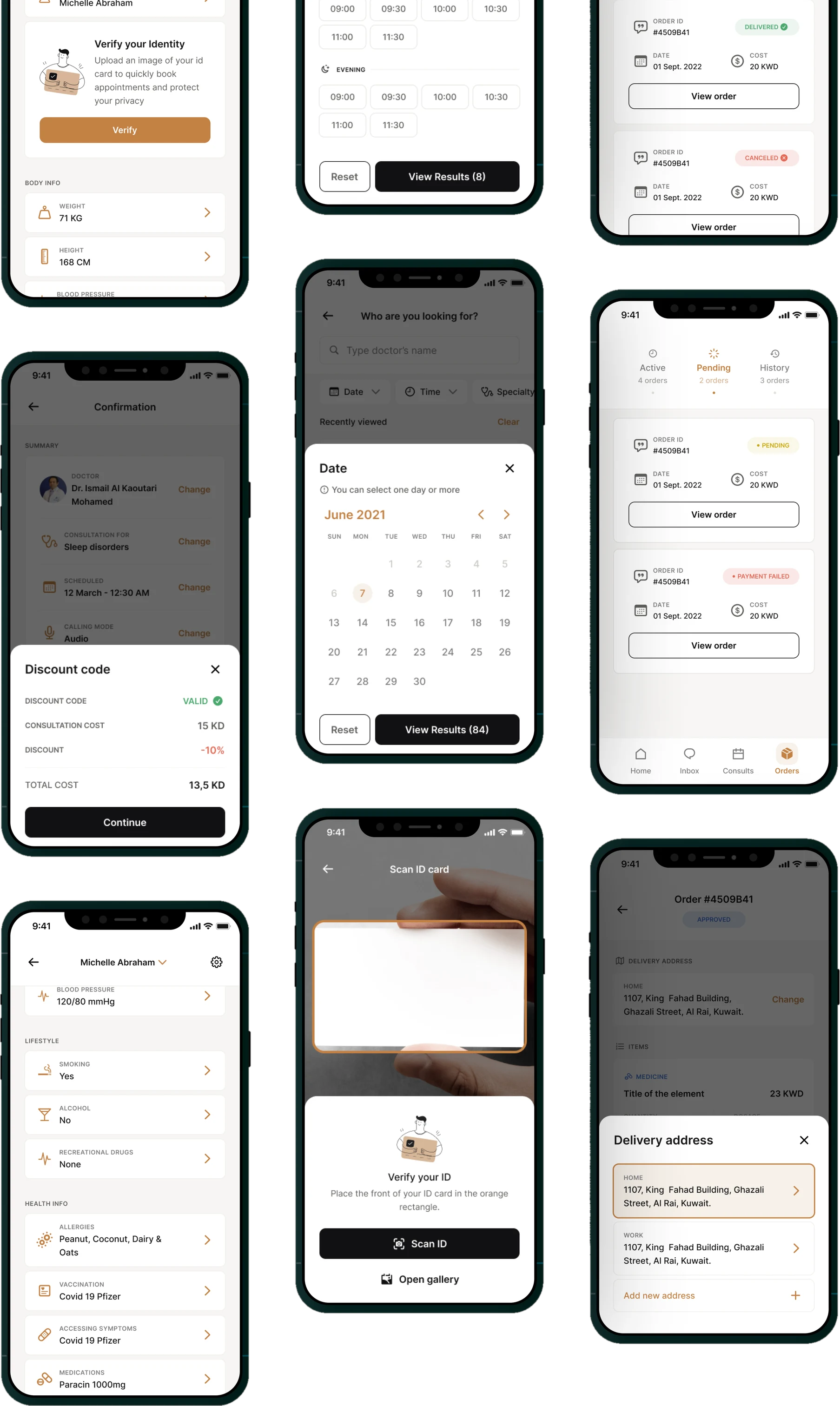 More Nuwa screens: the body and health information profile, the booking confirmation with a discount code applied, the date and time filters, ID card scanning, and the order detail with its delivery address sheet